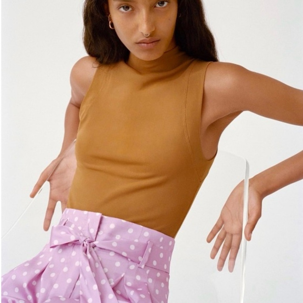 ZARA Lilac & White Polka Dot High Waisted Flowy Satin Belted Paperbag Shorts XS - Picture 3 of 16